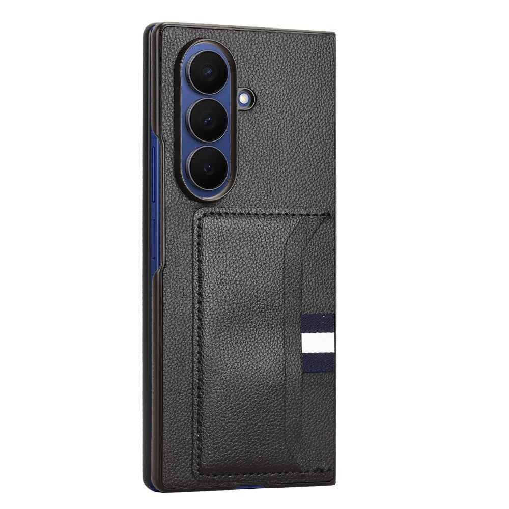 For Samsung Galaxy Z Fold7 5G Case Card Holder Litchi Texture Leather + PC Phone Cover - Black