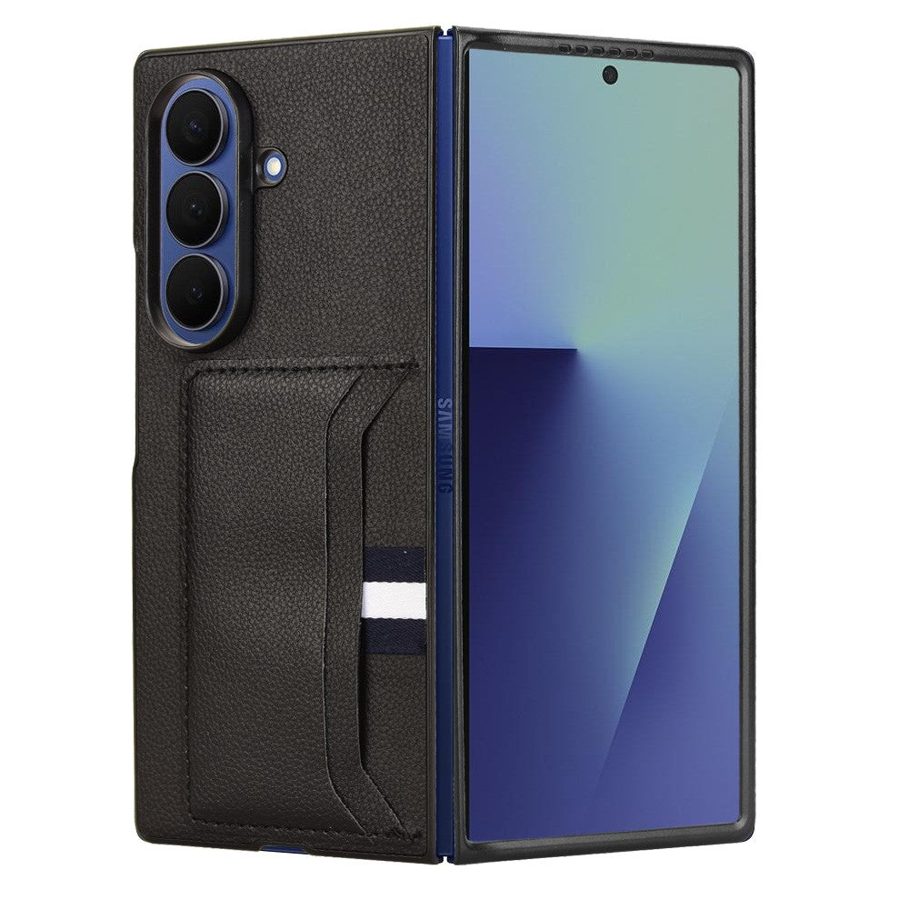 For Samsung Galaxy Z Fold7 5G Case Card Holder Litchi Texture Leather + PC Phone Cover - Black