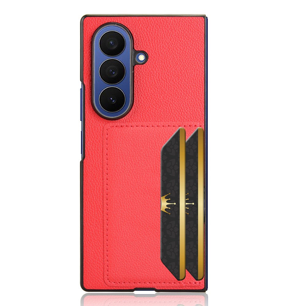 For Samsung Galaxy Z Fold7 5G Case Card Holder Litchi Texture Leather + PC Phone Cover - Red