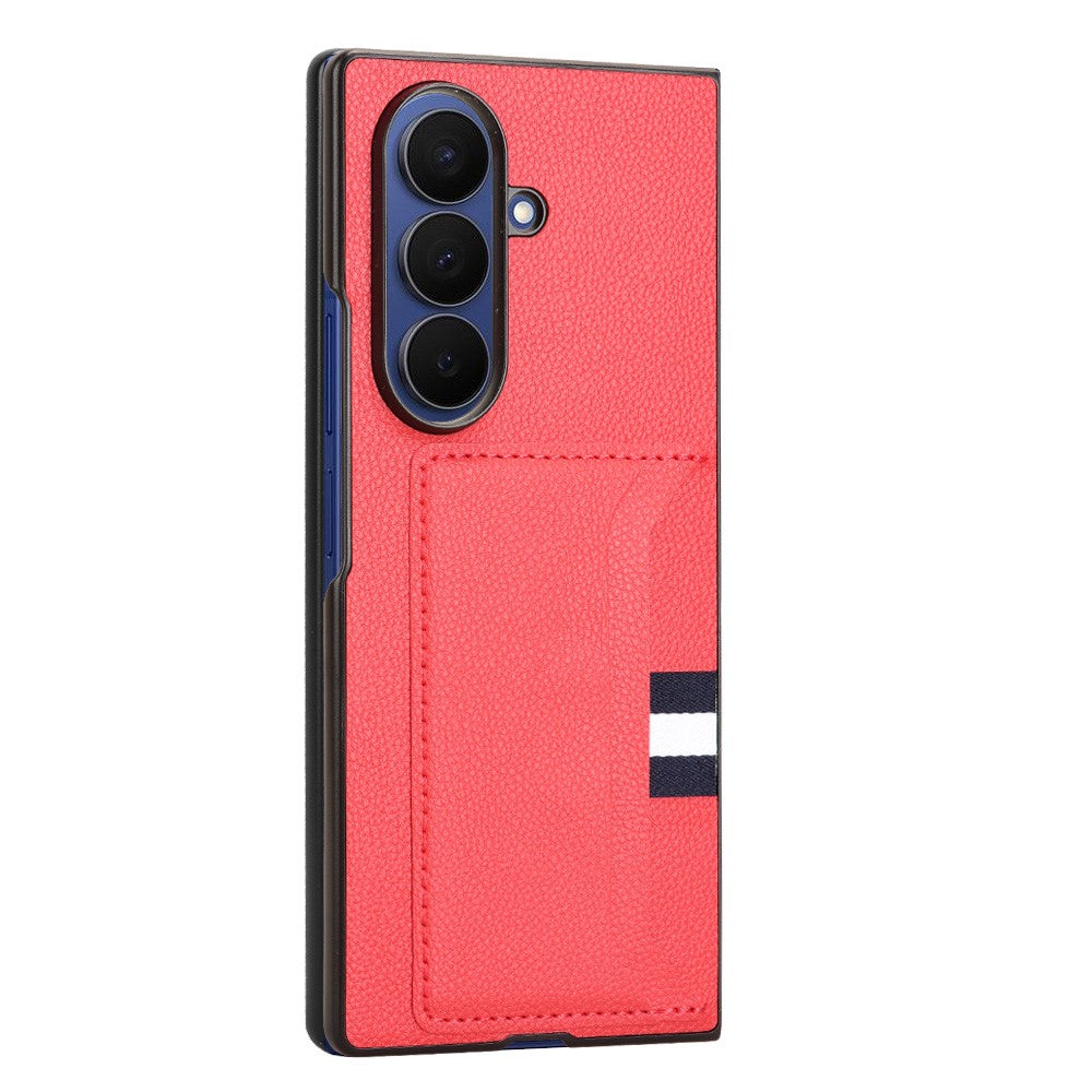 For Samsung Galaxy Z Fold7 5G Case Card Holder Litchi Texture Leather + PC Phone Cover - Red
