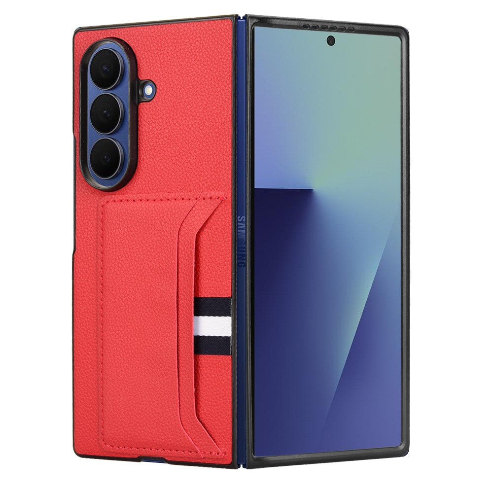 For Samsung Galaxy Z Fold7 5G Case Card Holder Litchi Texture Leather + PC Phone Cover - Red