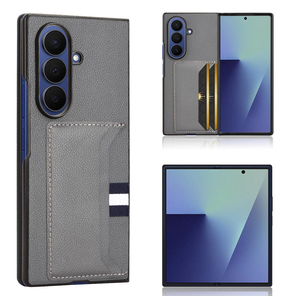 For Samsung Galaxy Z Fold7 5G Case Card Holder Litchi Texture Leather + PC Phone Cover - Grey