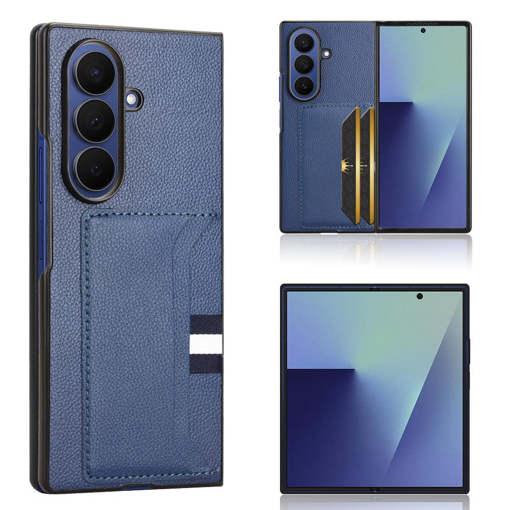 For Samsung Galaxy Z Fold7 5G Case Card Holder Litchi Texture Leather + PC Phone Cover - Blue