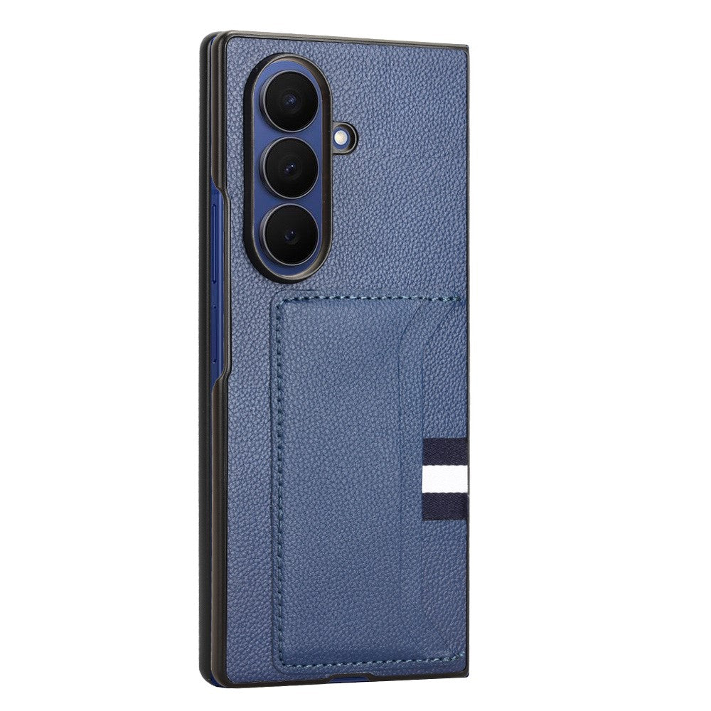 For Samsung Galaxy Z Fold7 5G Case Card Holder Litchi Texture Leather + PC Phone Cover - Blue