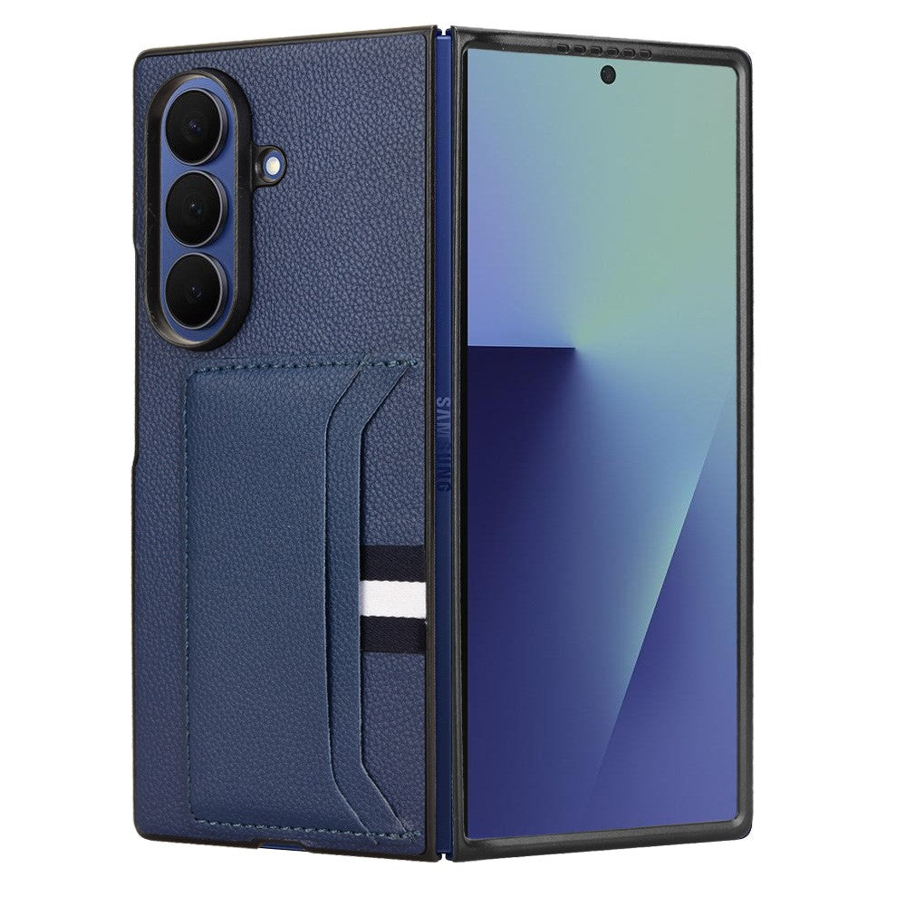 For Samsung Galaxy Z Fold7 5G Case Card Holder Litchi Texture Leather + PC Phone Cover - Blue