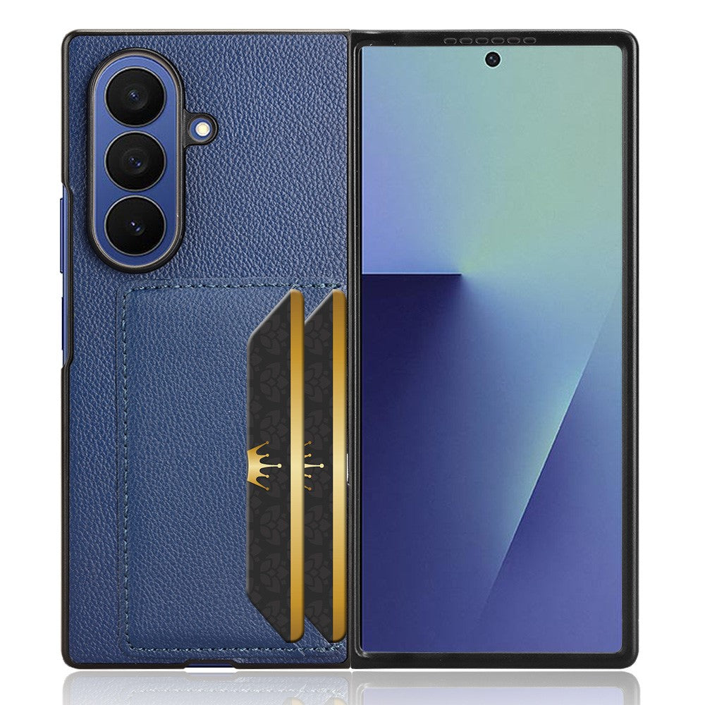 For Samsung Galaxy Z Fold7 5G Case Card Holder Litchi Texture Leather + PC Phone Cover - Blue