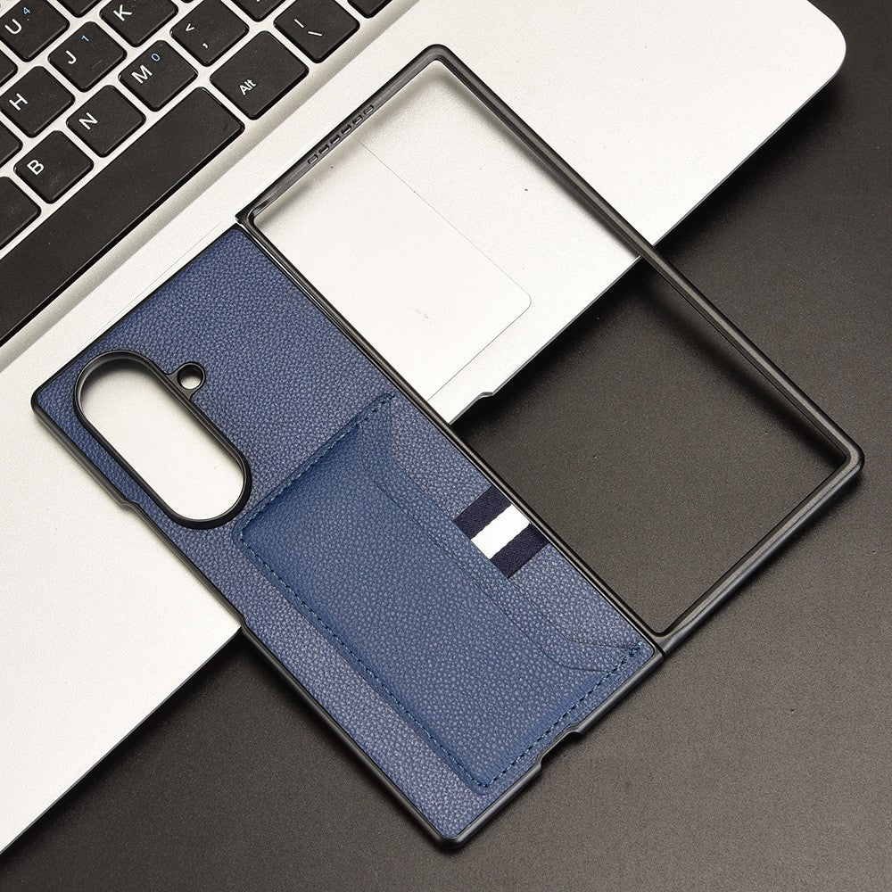 For Samsung Galaxy Z Fold7 5G Case Card Holder Litchi Texture Leather + PC Phone Cover - Blue