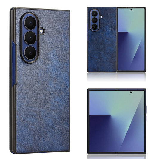 For Samsung Galaxy Z Fold7 5G Case Litchi Texture PU Leather + PC Phone Cover - Blue