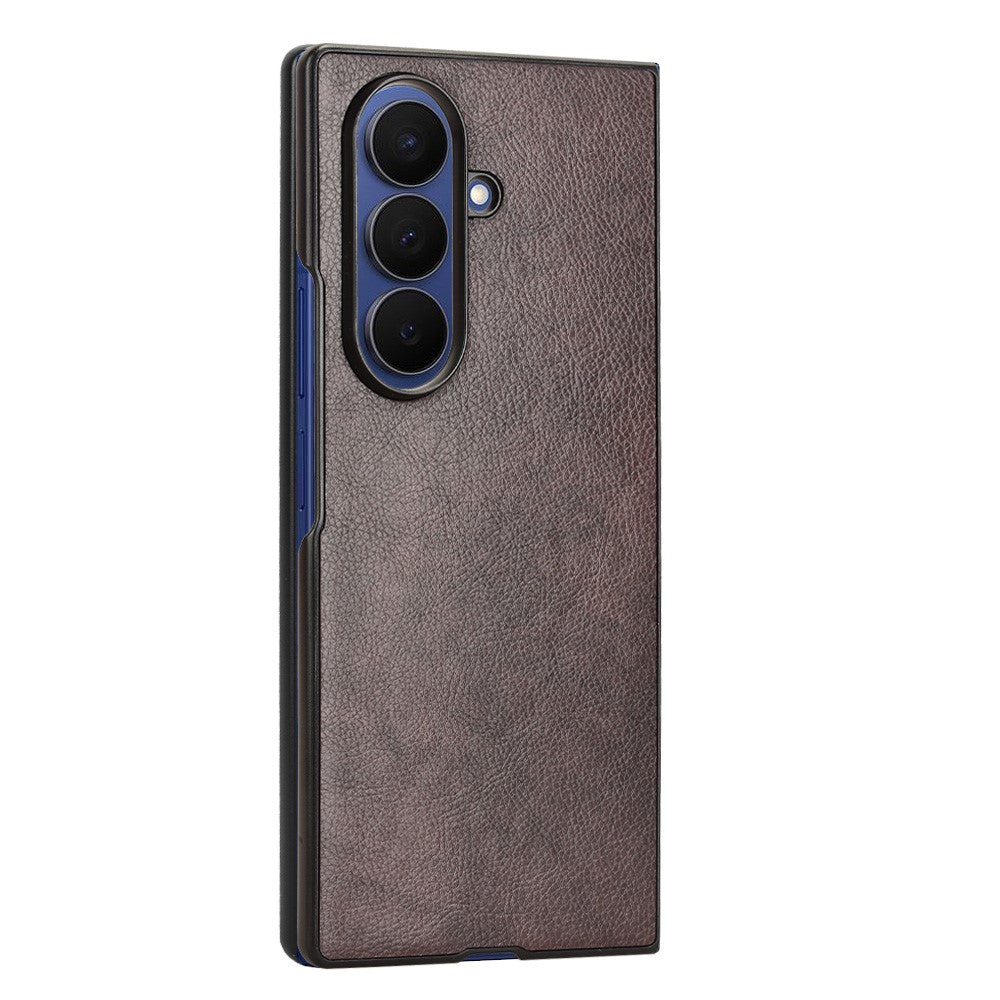 For Samsung Galaxy Z Fold7 5G Case Litchi Texture PU Leather + PC Phone Cover - Brown