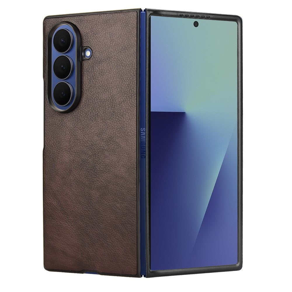 For Samsung Galaxy Z Fold7 5G Case Litchi Texture PU Leather + PC Phone Cover - Brown