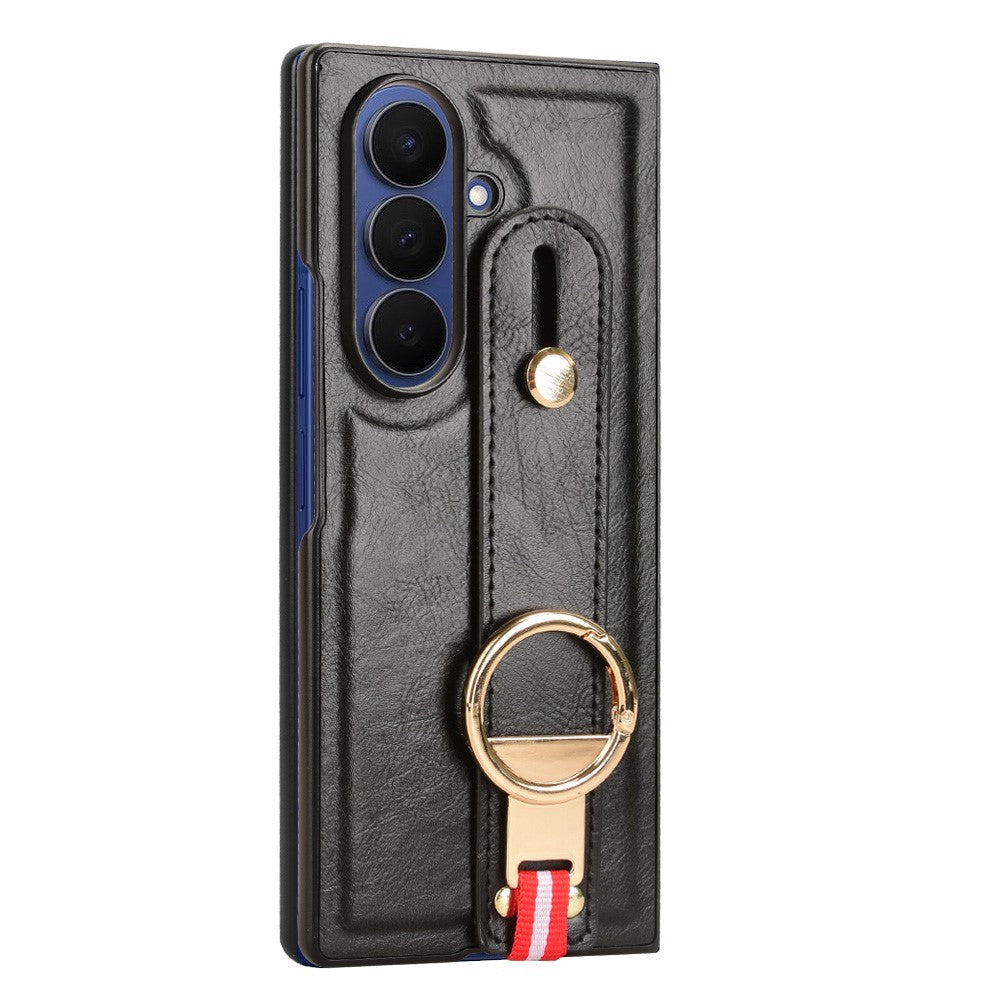 For Samsung Galaxy Z Fold7 5G Case Wristband Kickstand Leather + PC + TPU Phone Cover with Bottle Opener - Black