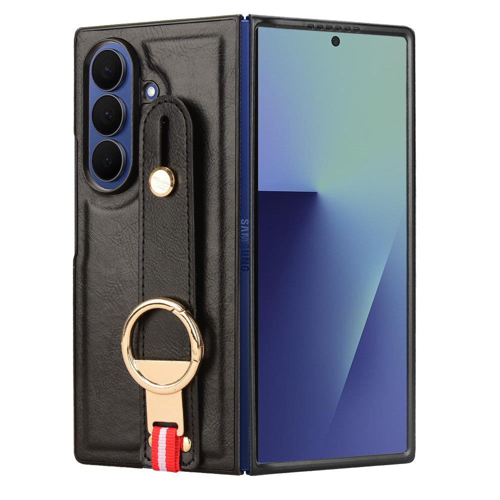 For Samsung Galaxy Z Fold7 5G Case Wristband Kickstand Leather + PC + TPU Phone Cover with Bottle Opener - Black