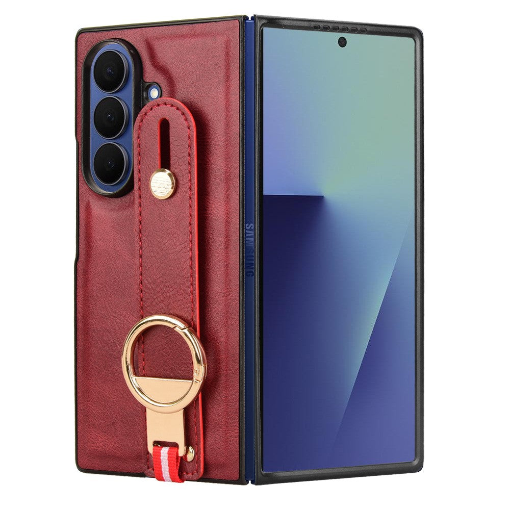 For Samsung Galaxy Z Fold7 5G Case Wristband Kickstand Leather + PC + TPU Phone Cover with Bottle Opener - Red