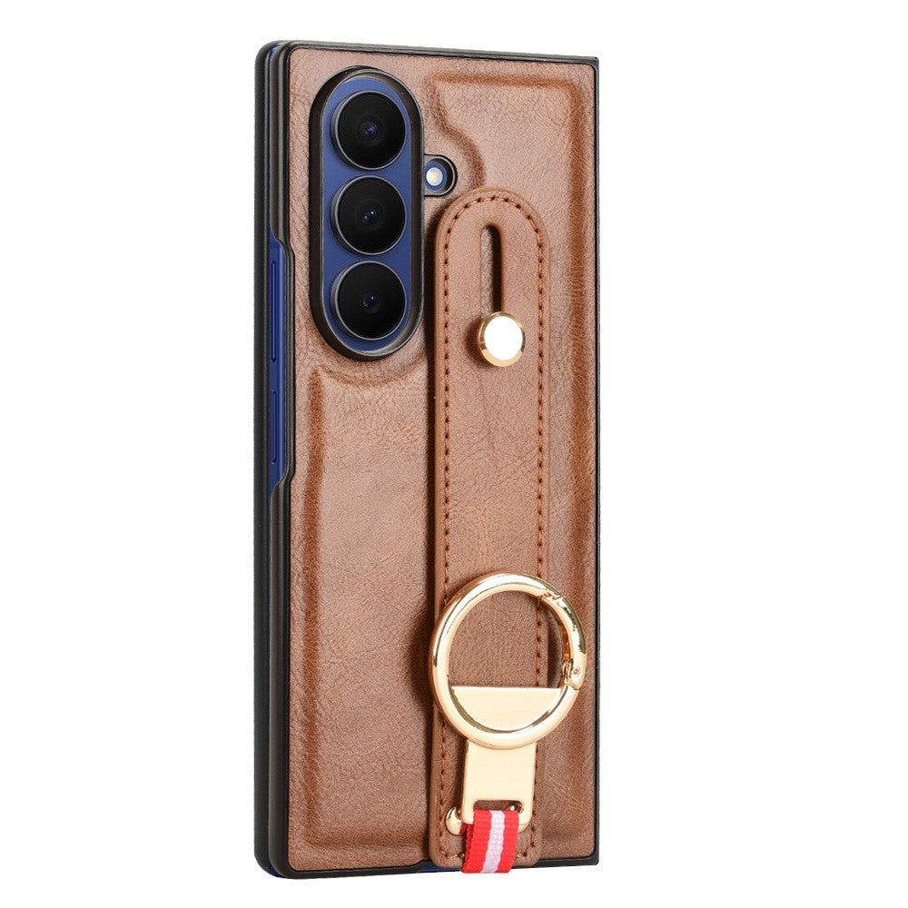 For Samsung Galaxy Z Fold7 5G Case Wristband Kickstand Leather + PC + TPU Phone Cover with Bottle Opener - Brown