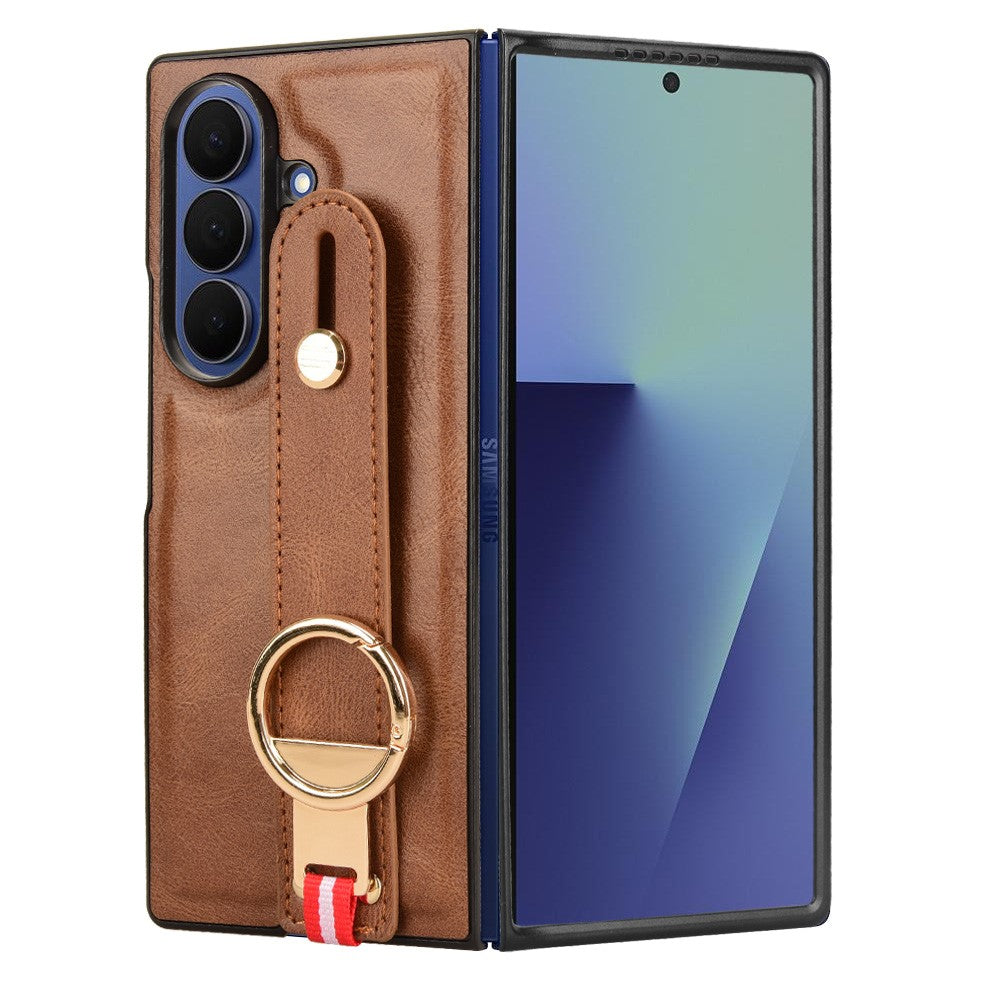 For Samsung Galaxy Z Fold7 5G Case Wristband Kickstand Leather + PC + TPU Phone Cover with Bottle Opener - Brown