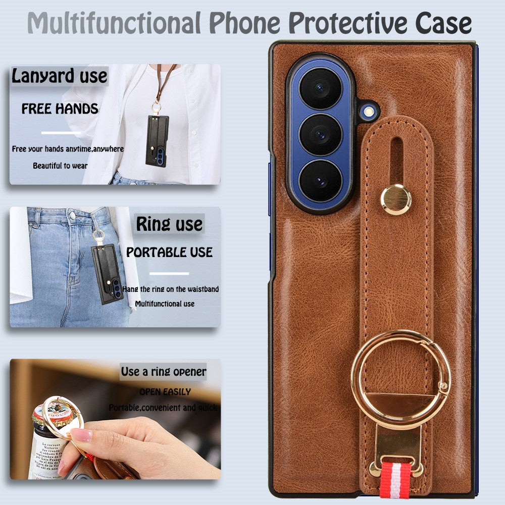 For Samsung Galaxy Z Fold7 5G Case Wristband Kickstand Leather + PC + TPU Phone Cover with Bottle Opener - Brown