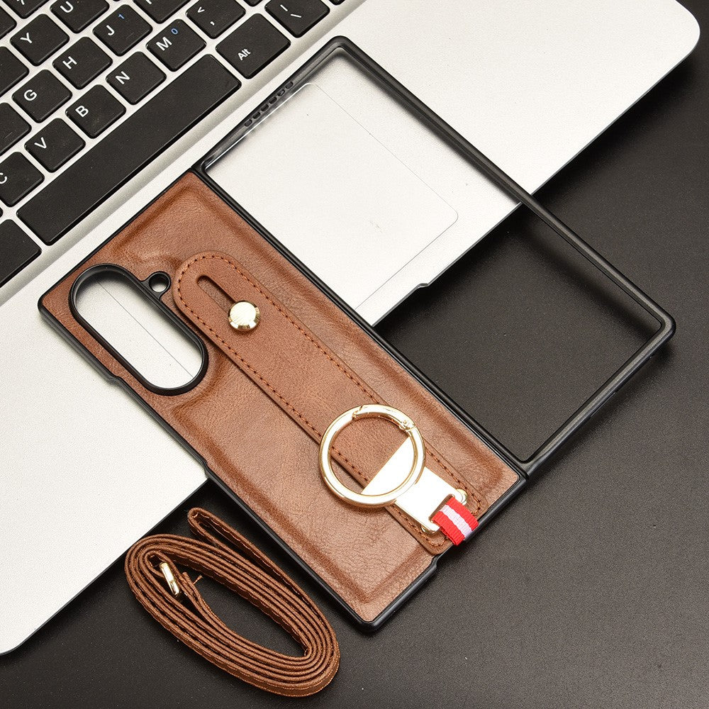 For Samsung Galaxy Z Fold7 5G Case Wristband Kickstand Leather + PC + TPU Phone Cover with Bottle Opener - Brown
