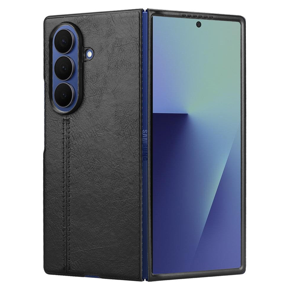 For Samsung Galaxy Z Fold7 5G Case Stitching Line PU Leather Coated PC Phone Cover - Black