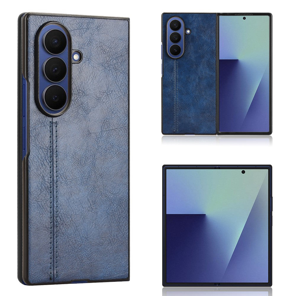 For Samsung Galaxy Z Fold7 5G Case Stitching Line PU Leather Coated PC Phone Cover - Blue
