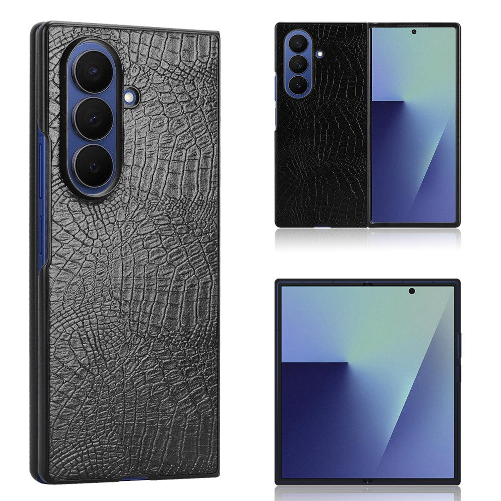 For Samsung Galaxy Z Fold7 5G Case Crocodile Texture Leather Coated Hard PC Phone Cover - Black