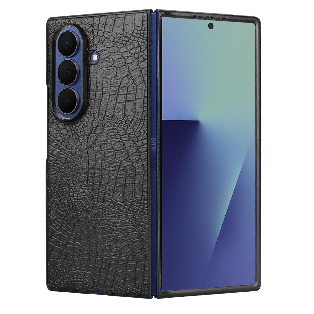 For Samsung Galaxy Z Fold7 5G Case Crocodile Texture Leather Coated Hard PC Phone Cover - Black