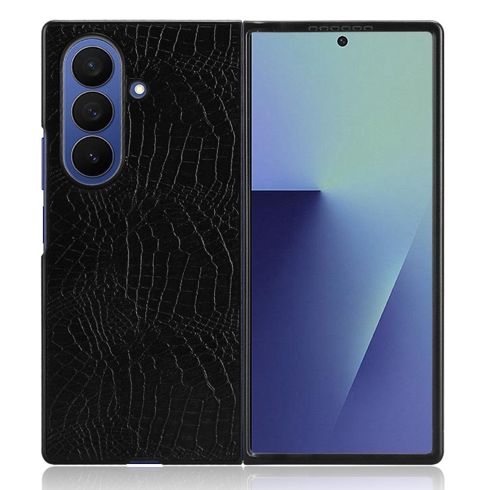 For Samsung Galaxy Z Fold7 5G Case Crocodile Texture Leather Coated Hard PC Phone Cover - Black