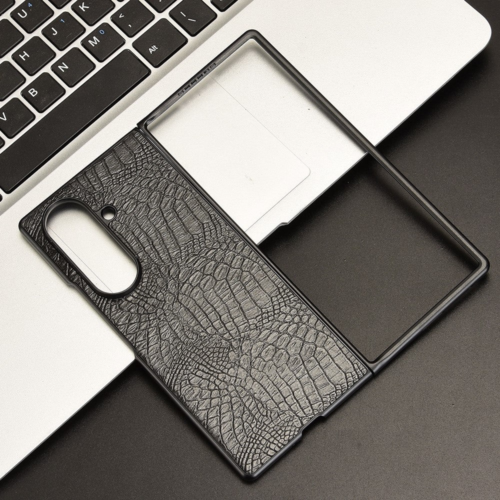 For Samsung Galaxy Z Fold7 5G Case Crocodile Texture Leather Coated Hard PC Phone Cover - Black