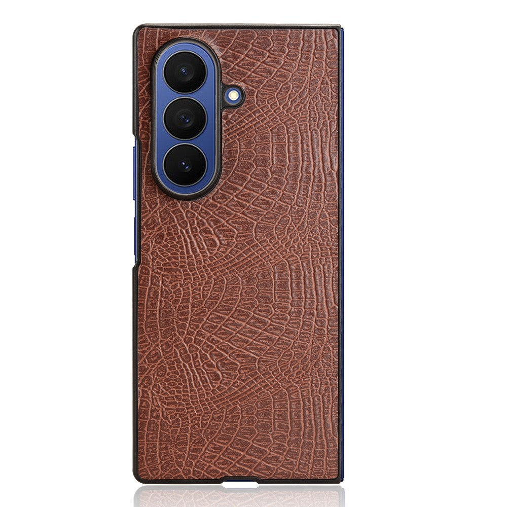 For Samsung Galaxy Z Fold7 5G Case Crocodile Texture Leather Coated Hard PC Phone Cover - Brown