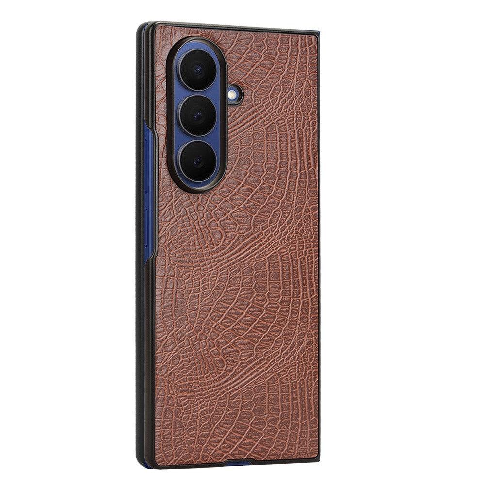 For Samsung Galaxy Z Fold7 5G Case Crocodile Texture Leather Coated Hard PC Phone Cover - Brown