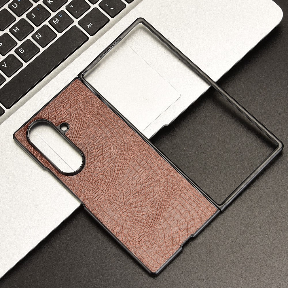 For Samsung Galaxy Z Fold7 5G Case Crocodile Texture Leather Coated Hard PC Phone Cover - Brown