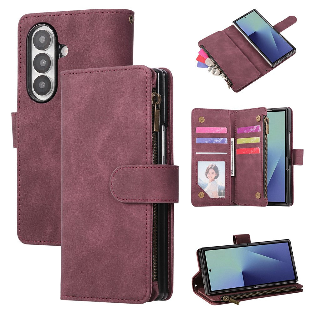For Samsung Galaxy Z Fold7 5G Case Zipper Wallet Leather Phone Cover with Shoulder Strap - Wine Red