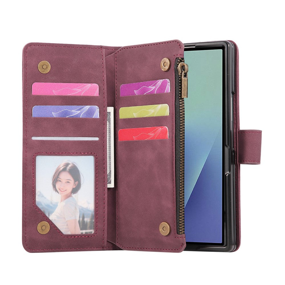 For Samsung Galaxy Z Fold7 5G Case Zipper Wallet Leather Phone Cover with Shoulder Strap - Wine Red