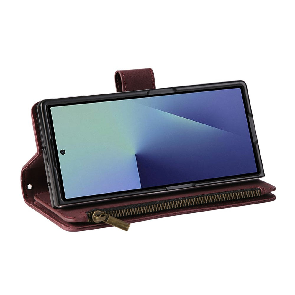 For Samsung Galaxy Z Fold7 5G Case Zipper Wallet Leather Phone Cover with Shoulder Strap - Wine Red