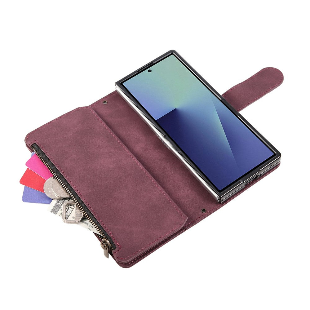 For Samsung Galaxy Z Fold7 5G Case Zipper Wallet Leather Phone Cover with Shoulder Strap - Wine Red