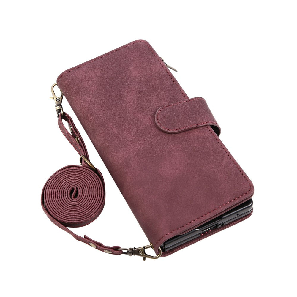 For Samsung Galaxy Z Fold7 5G Case Zipper Wallet Leather Phone Cover with Shoulder Strap - Wine Red