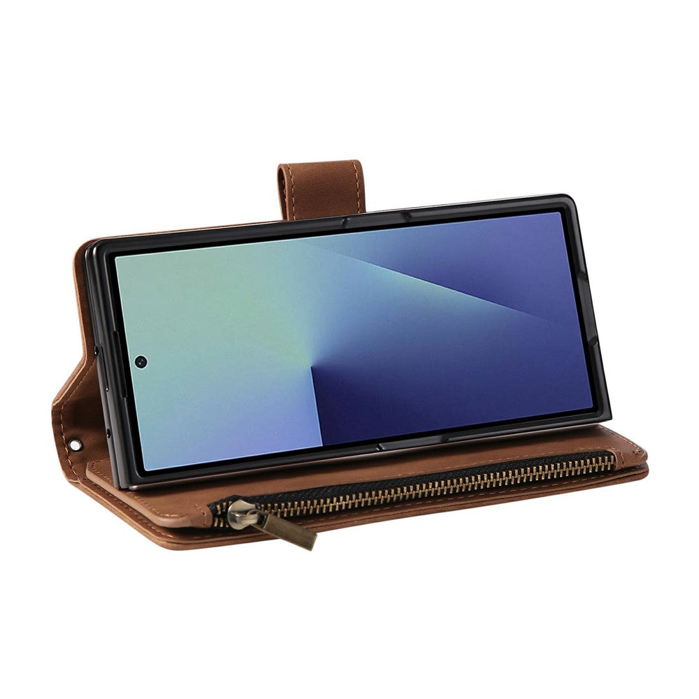 For Samsung Galaxy Z Fold7 5G Case Zipper Wallet Leather Phone Cover with Shoulder Strap - Brown