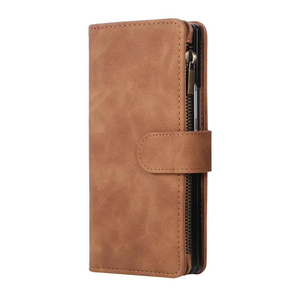 For Samsung Galaxy Z Fold7 5G Case Zipper Wallet Leather Phone Cover with Shoulder Strap - Brown