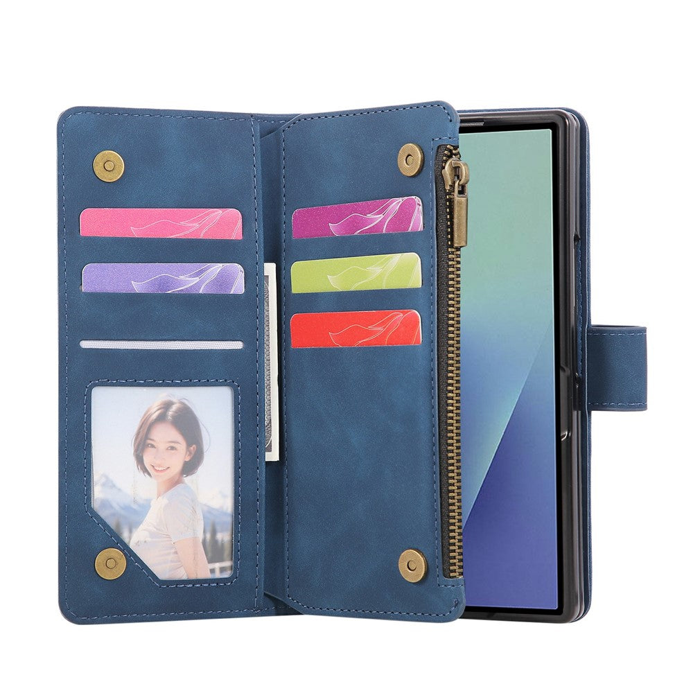 For Samsung Galaxy Z Fold7 5G Case Zipper Wallet Leather Phone Cover with Shoulder Strap - Blue