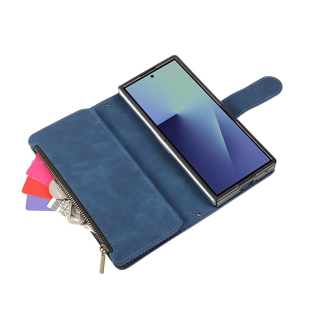 For Samsung Galaxy Z Fold7 5G Case Zipper Wallet Leather Phone Cover with Shoulder Strap - Blue