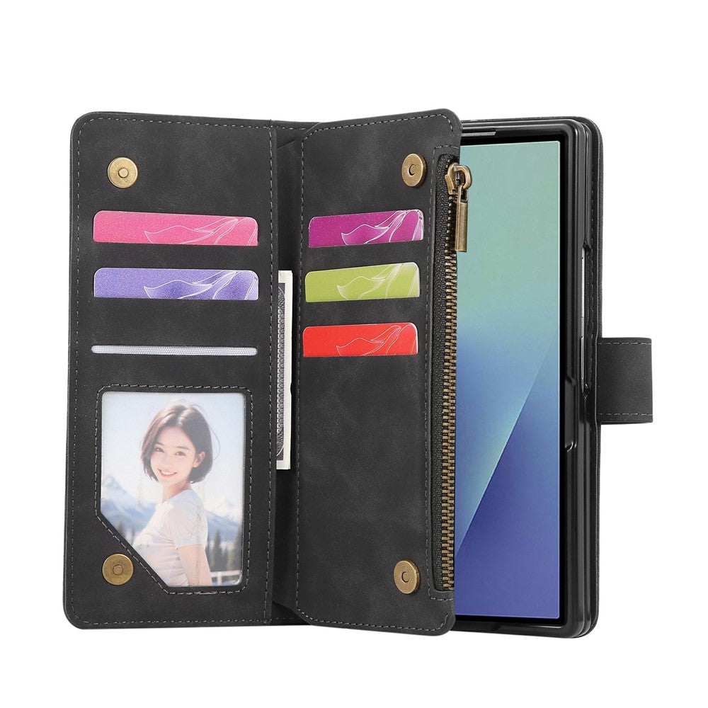 For Samsung Galaxy Z Fold7 5G Case Zipper Wallet Leather Phone Cover with Shoulder Strap - Black