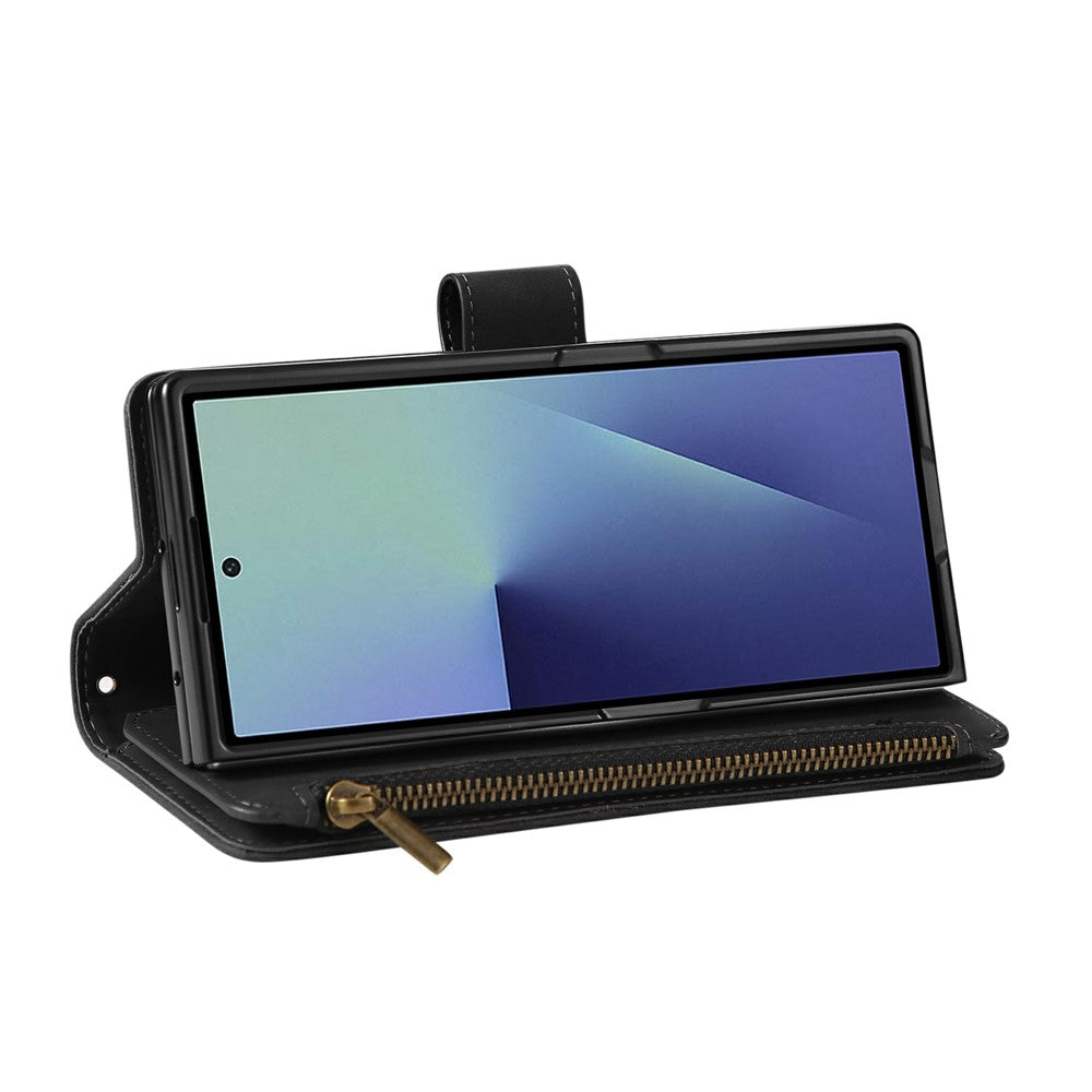 For Samsung Galaxy Z Fold7 5G Case Zipper Wallet Leather Phone Cover with Shoulder Strap - Black