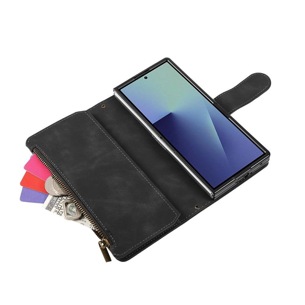 For Samsung Galaxy Z Fold7 5G Case Zipper Wallet Leather Phone Cover with Shoulder Strap - Black