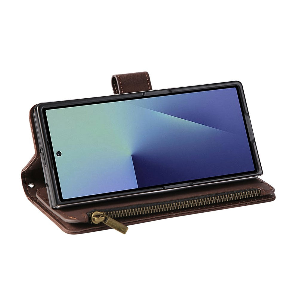 For Samsung Galaxy Z Fold7 5G Case Zipper Wallet Leather Phone Cover with Shoulder Strap - Coffee
