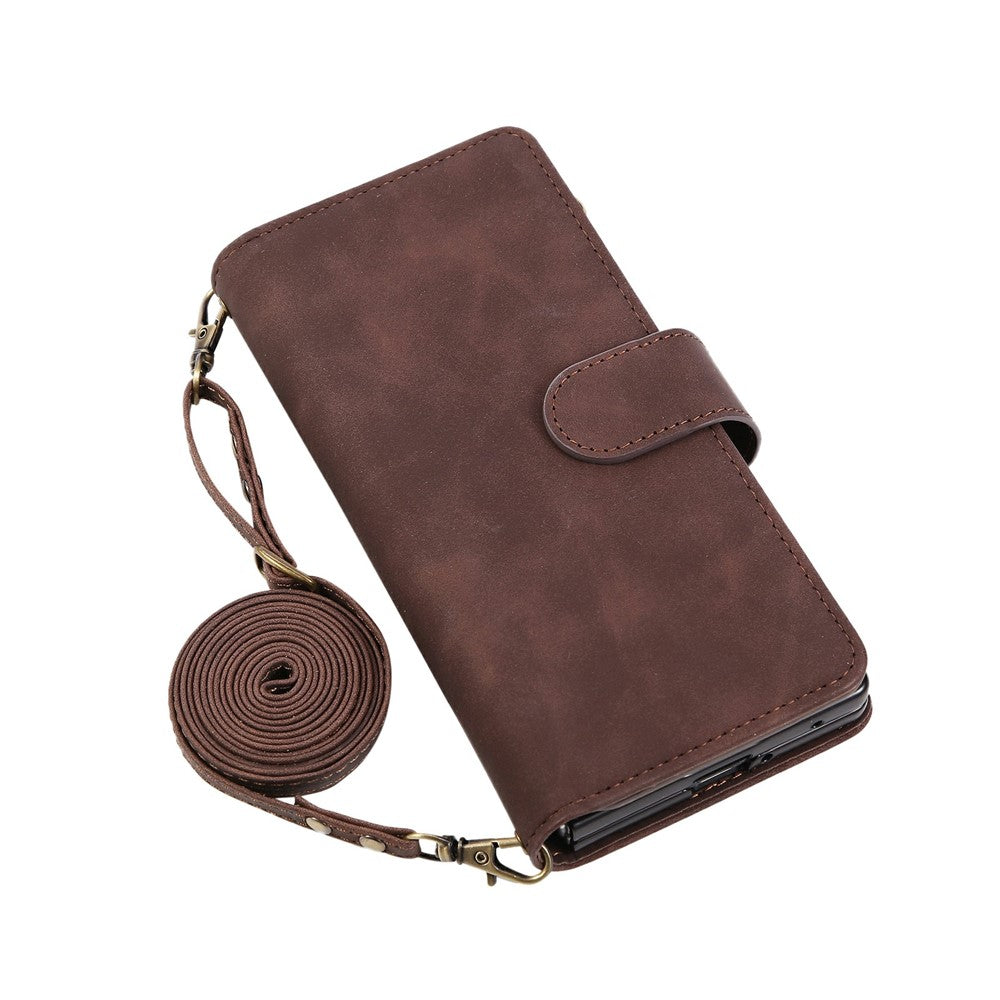 For Samsung Galaxy Z Fold7 5G Case Zipper Wallet Leather Phone Cover with Shoulder Strap - Coffee