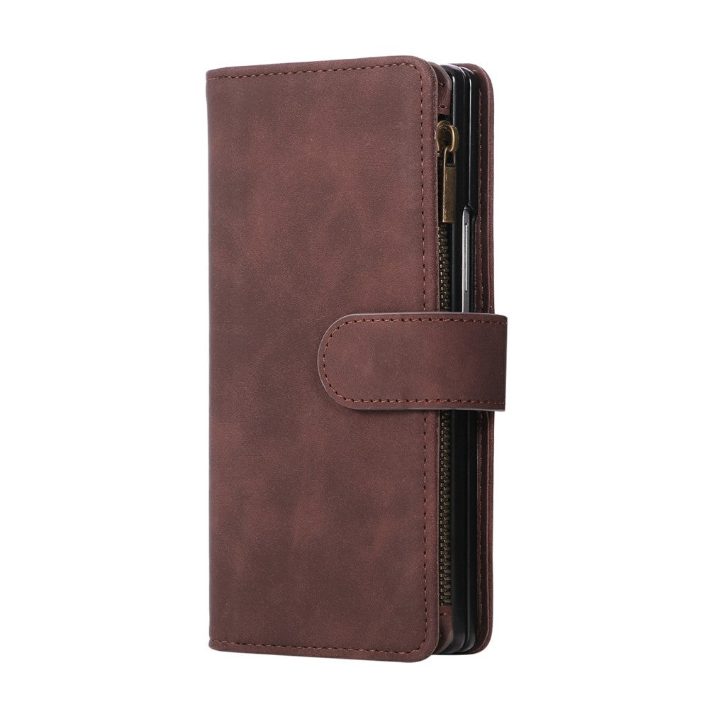 For Samsung Galaxy Z Fold7 5G Case Zipper Wallet Leather Phone Cover with Shoulder Strap - Coffee