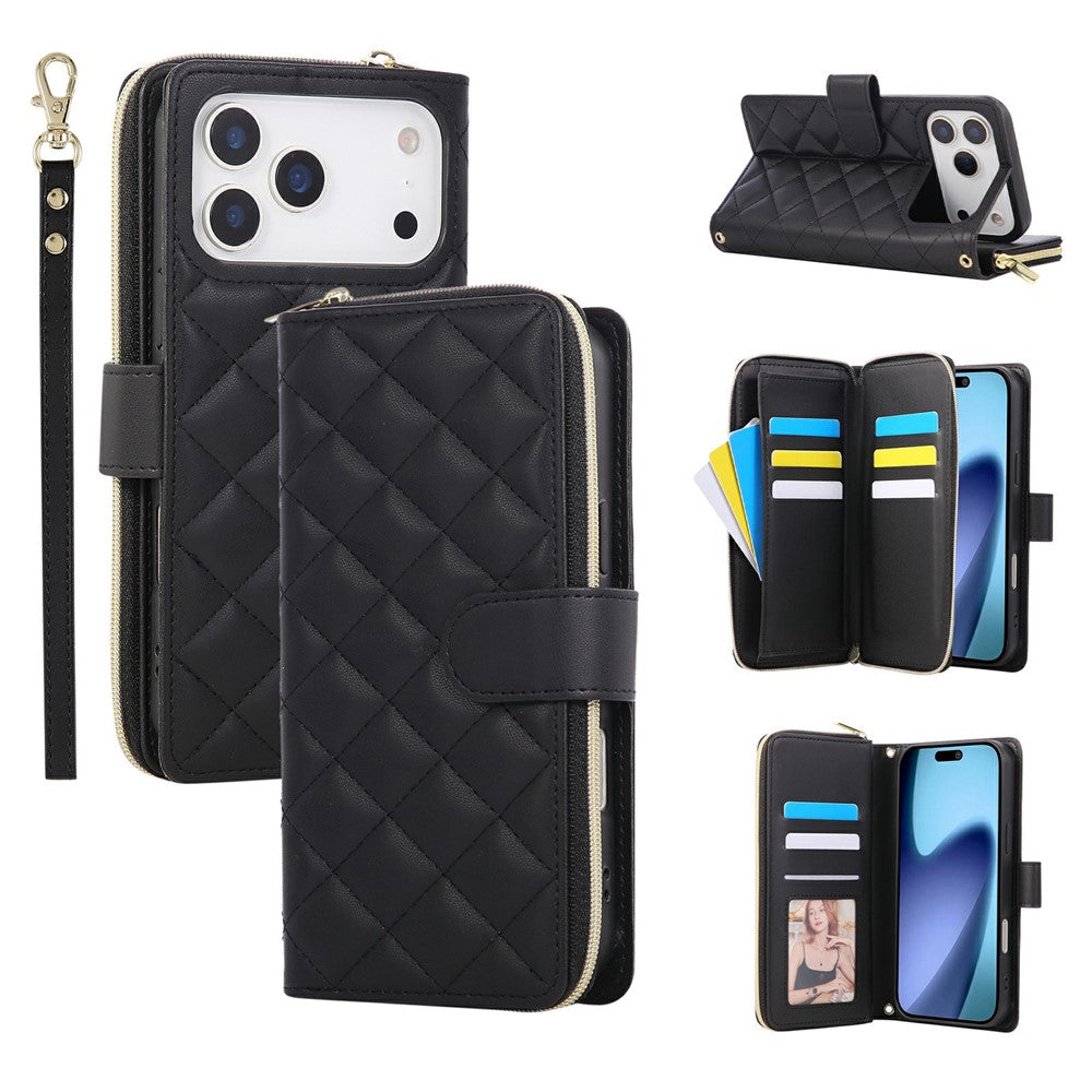 For iPhone 17 Pro Max Case Zipper Wallet Rhombus PU Leather Crossbody Phone Cover - Black
