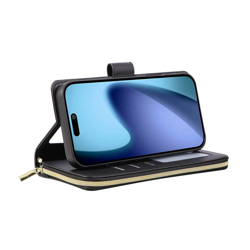 For iPhone 17 Pro Max Case Zipper Wallet Rhombus PU Leather Crossbody Phone Cover - Black