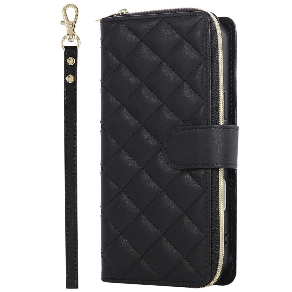 For iPhone 17 Pro Max Case Zipper Wallet Rhombus PU Leather Crossbody Phone Cover - Black