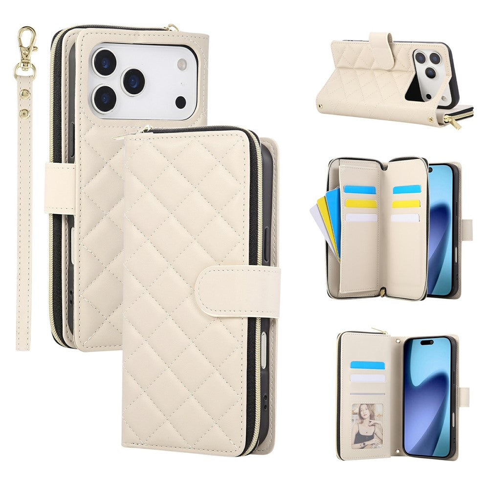 For iPhone 17 Pro Max Case Zipper Wallet Rhombus PU Leather Crossbody Phone Cover - Beige