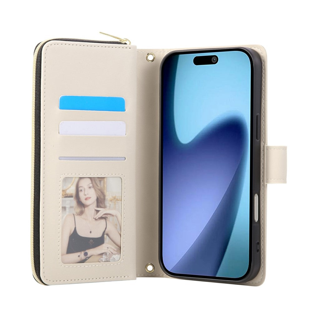 For iPhone 17 Pro Max Case Zipper Wallet Rhombus PU Leather Crossbody Phone Cover - Beige